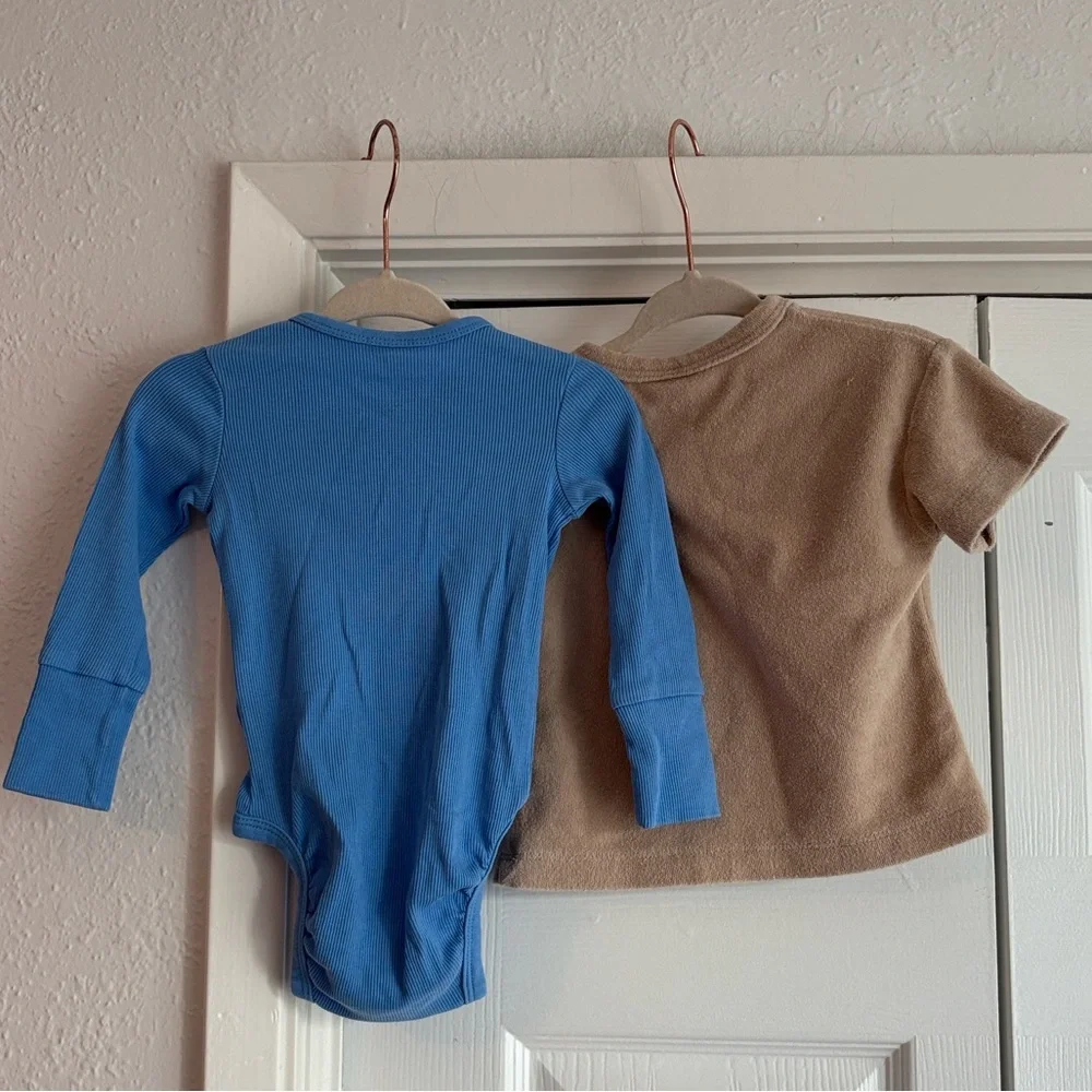 H&M Blue Ribbed Organic Cotton Bodysuit + Beige Palm Tree Terry Cloth Shirt